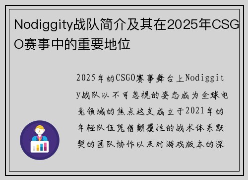 Nodiggity战队简介及其在2025年CSGO赛事中的重要地位